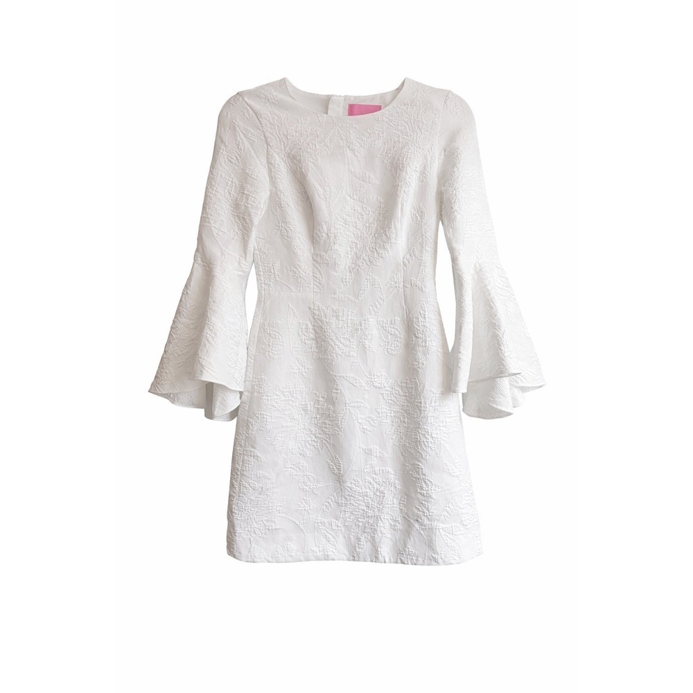 Lilly Pulitzer Kayla Stretch Dress White Floral Embossed Bell Sleeve Size 00